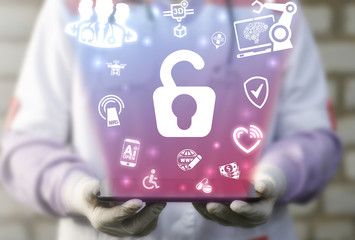 Medicine insurance and security concept. Doctor offer tablet pc with unlock lock icon on virtual...