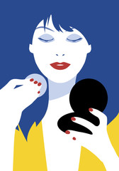 Summer portrait lady. Beautiful woman putting blush looking at herself in a mirror