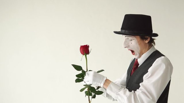 Man mime with a red rose on a white background. MIM fingers pricked on the thorn of a rose