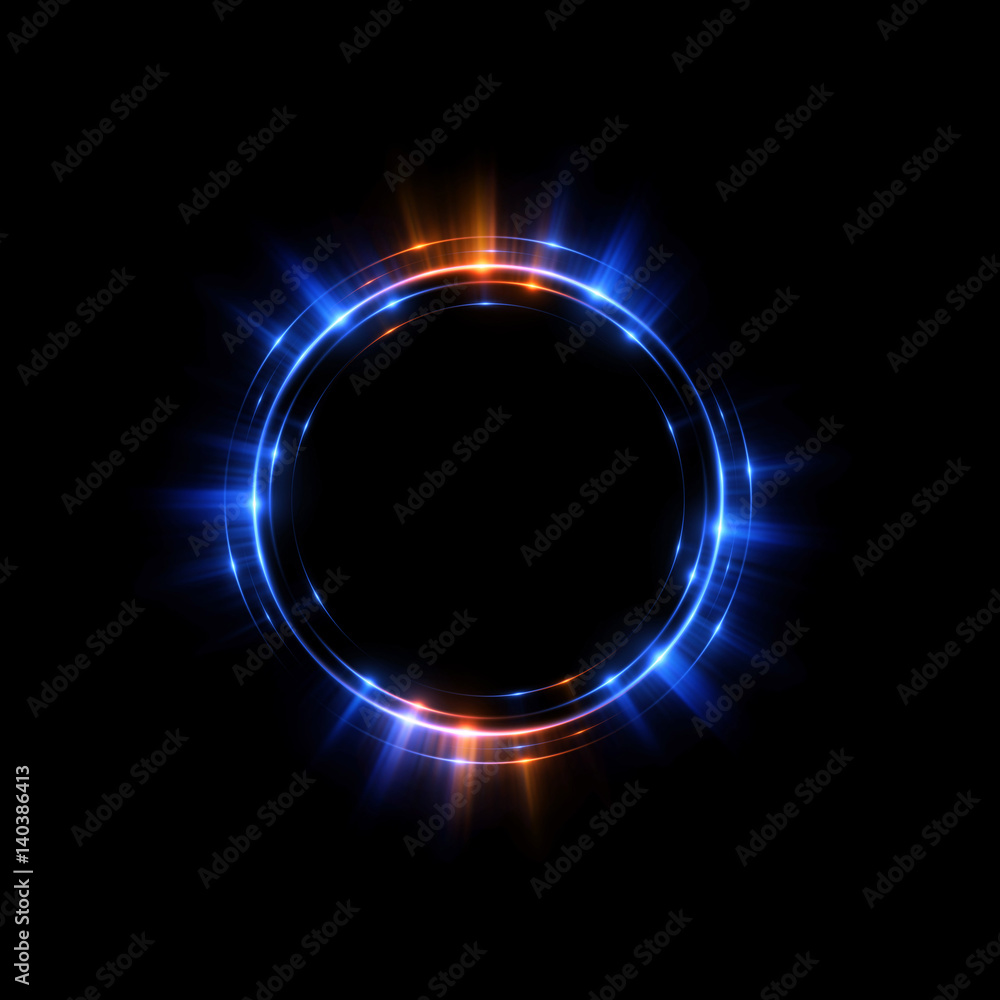 Wall mural Abstract neon background. luminous swirling. Glowing spiral cover. Black elegant. Halo around. Power isolated. Sparks particle. Space tunnel. Glossy jellyfish. LED color ellipse. Glint glitter