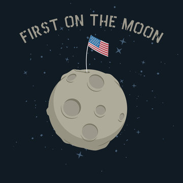 American flag stands on on the moon.