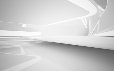 Abstract interior of the future in a minimalist style with violet sculpture. Night view . Architectural background. 3D illustration and rendering