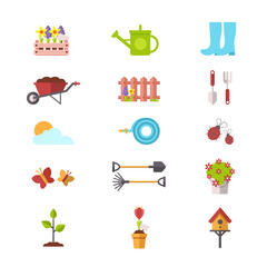 Set of Spring and Gardening Icons. Flat Design Style. 