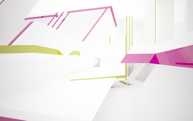 Abstract white and colored gradient glasses interior multilevel public space with window. 3D illustration and rendering.