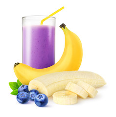 Isolated fruit drink. One glass of blueberry banana smoothie isolated on white with clipping path