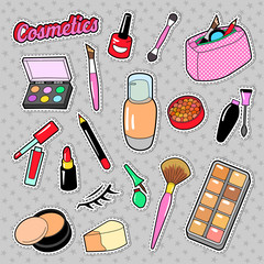 Cosmetics Beauty Fashion Makeup Elements with Lipstick and Mascara for Stickers, Badges, Patches. Vector doodle