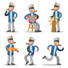 Sailor Cartoon Character Set. Old Captain in Uniform. Vector illustration