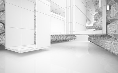 Abstract blue and black parametric interior with window. 3D illustration and rendering.