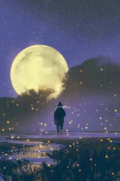 night scenery of man standing in swamp with fireflies and full moon on background,illustration painting
