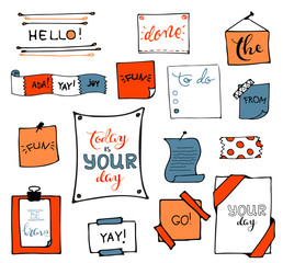 Naklejka premium Set of hand drawn paper notes, lists, frames in vector. Set of hand drawn isolated doodle notepaper for messages. Collection of colorful elements in cartoon style. Isolated. Outline. Office supplies