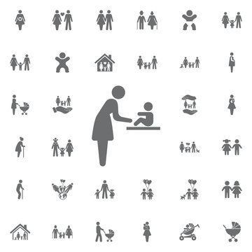 Woman and baby Changing diapers Vector icon. Set of family icons