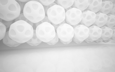 Abstract white and red parametric interior with window. 3D illustration and rendering.