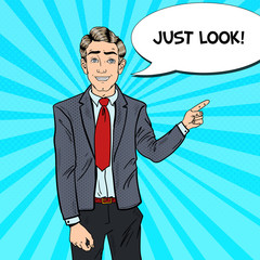 Pop Art Businessman Pointing Finger on Copy Space. Business Presentation. Vector illustration