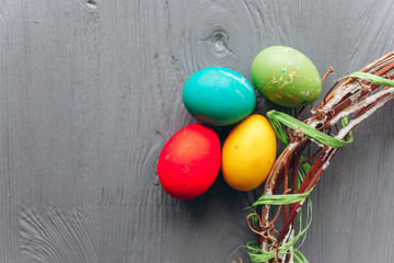   Easter concept .  eggs and wreath on a wooden background