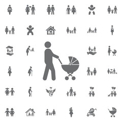 Father with baby carriage vector icon. Set of family icons