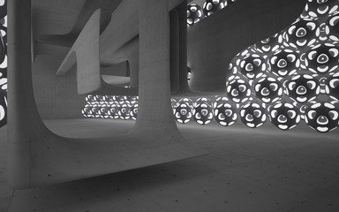 Abstract white and red parametric interior with window. 3D illustration and rendering.