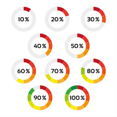Set of ten color percentage indicators isolated on a white background, vector circle diagram with ten steps from 10 to 100 %, progress indicator for you infographic