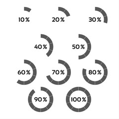 Set of grey percentage indicators, progress indicator with ten steps, circle diagram from 10 to 100 percent isolated on a white background, vector illustration
