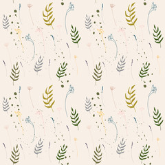 Floral  seamless pattern with hand drawn lavender, dill or fennel flowers , leaves and paint splashes.