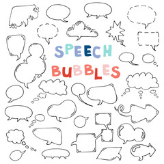 Vector set of speech bubbles. Isolated. outline. hand drawn. Collection of cartoon speech and thought communication bubbles. doodle. Blank empty speech bubbles. 