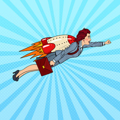 Pop Art Business Woman Flying on Rocket. Creative Start Up. Vector illustration