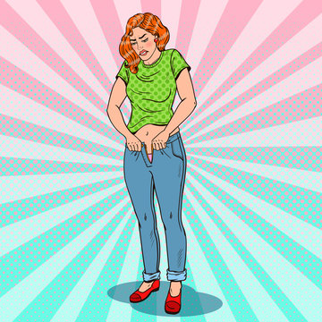 Pop Art Overweight Woman Trying to Fasten To Small Jeans. Vector illustration
