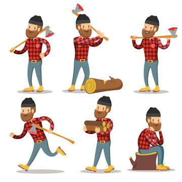 Lumberjack Cartoon Character Set. Woodcutter with Axe. Vector illustration  Stock Vector | Adobe Stock