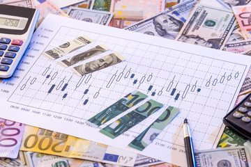 torn dollar and euros bills on forex graph.