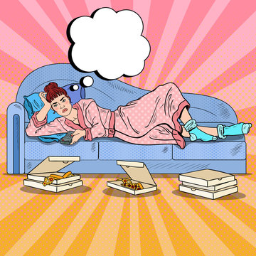 Pop Art Woman Lying on Sofa and Watching TV with Pizza. Vector illustration