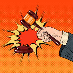 Pop Art Judge Hand Hitting Wooden Gavel in a Courtroom. Vector illustration