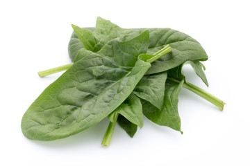 Fresh leaves of spinach on the white background.