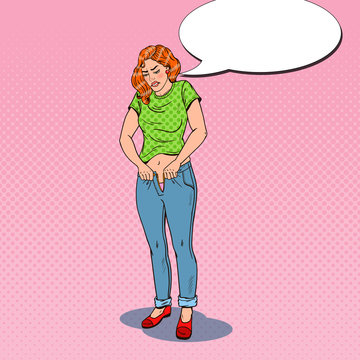 Pop Art Young Woman Trying to Fasten To Small Trousers. Vector illustration