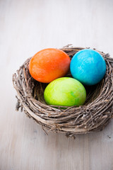 Easter eggs in the nest. Spring discount card.