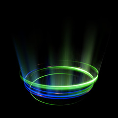 Empty podium. Disco club. Rays view. Show magic party. Spot fog lamp. Glint check scene. Bright space. Stand round. Vivid stage. Whirlpool spiral backdrop. Exhibition platform. Glare bright tape.