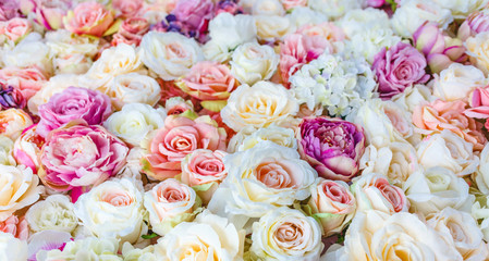 Flowers wall background with amazing red and white roses, Wedding decoration, hand made.