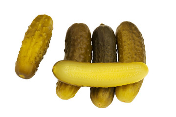 Pickled cucumbers on white isolated background
