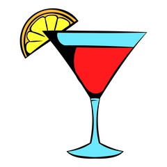 Martini glass with red cocktail icon, icon cartoon