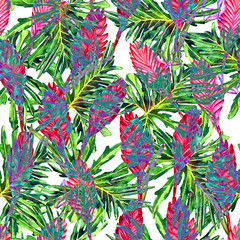 Obraz premium Seamless floral pattern with beautiful watercolor philodendron leaves and bromelia flowers, blended effect. Jungle foliage on white background. Textile design.