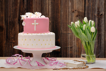 first holy communion cake on wooden background - 140394671
