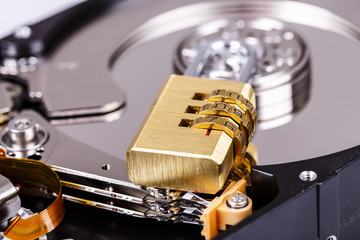 lock on hdd or harddrive, part of computer, cyber security concept