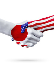 Flags Japan and United States countries, overprinted handshake.