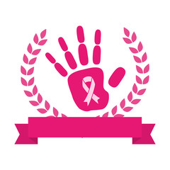 hands human with ribbon pink breast cancer vector illustration design