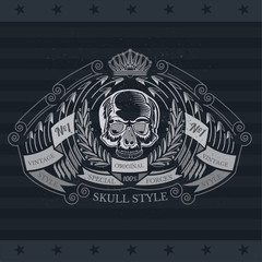 Skull front view without a lower jaw in center between wreath and bend arrows. Heraldic vintage label on blackboard