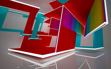 Abstract white and colored gradient glasses parametric interior  with window. 3D illustration and rendering.