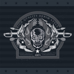 Skull front view in center laurel wreath with cross sabers and cross arrows. Heraldic vintage label on blackboard