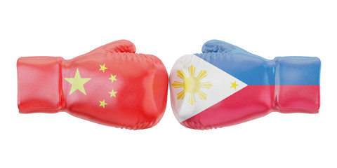 Boxing gloves with Philippines and China flags. Governments conflict concept, 3D rendering