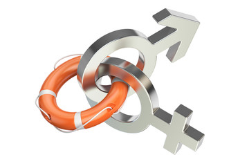 Family Assistance Concept, Gender Symbols with Lifebelt. 3D rendering