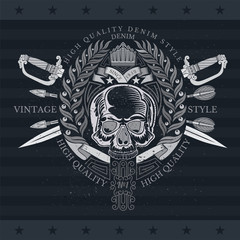 Skull front view in center of round laurel wreath with cross swords and arrows. Heraldic vintage label on blackboard