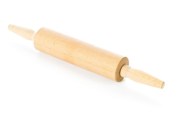 Wooden rolling pin kitchen utensil over white