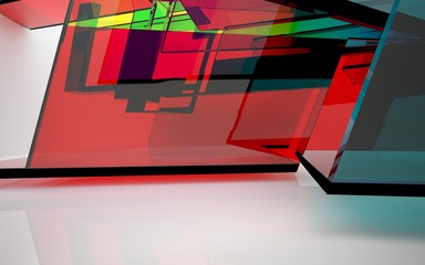 Empty smooth abstract room interior of sheets rusted metal and brown concrete. Architectural background. Night view of the illuminated. 3D illustration and rendering